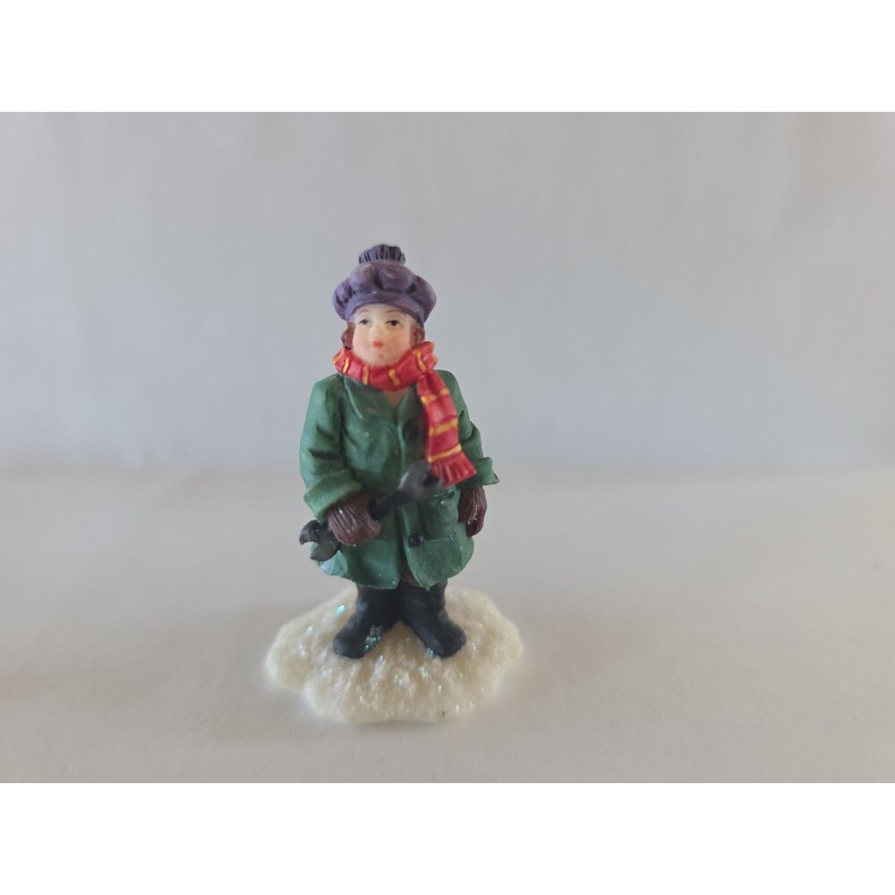 O’Well  Village Figurine  Boy Holding Wrench Hat & Scarf Snowy  Glitter Base